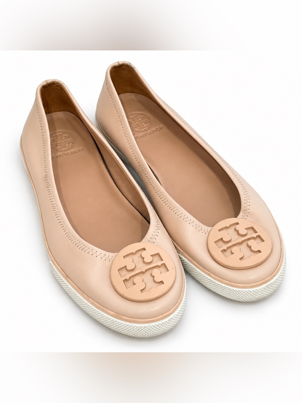 Tory Burch Blush Pink Nude Leather Logo Ballet Flats Size 5.5